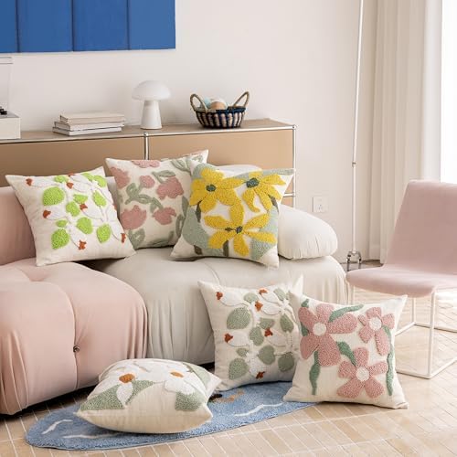 Summer Floral Throw Pillow Covers 20x20 Inch Set of 2, Chenille Embroidered Pillowcase with 3D Tufted White Flowers and Green Leaves, Boho Decorative Cushion Covers for Couch Sofa Bed - Image 6