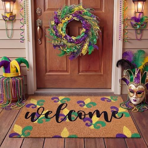 Tingjoo 2 Pcs Mardi Gras Welcome Door Mat and Wreath Set by Tingjoo