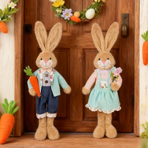 Glintoper 2 Pack Easter Decorations Standing Bunny with Stretchable Legs, 21" to 26" Brown Rabbits Couple Figurine, Party Favor Photo Props Gifts for Office Kitchen Farmhouse Front Door Spring Home by Glintoper