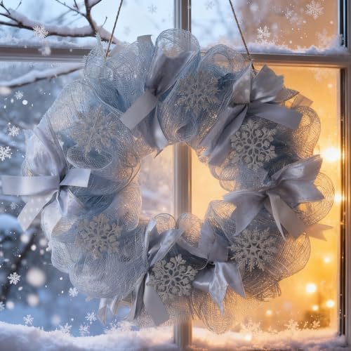 16in Winter Snowflake Wreath for Front Door, Mesh Decor,Snowflakes,16 Inch - Image 5