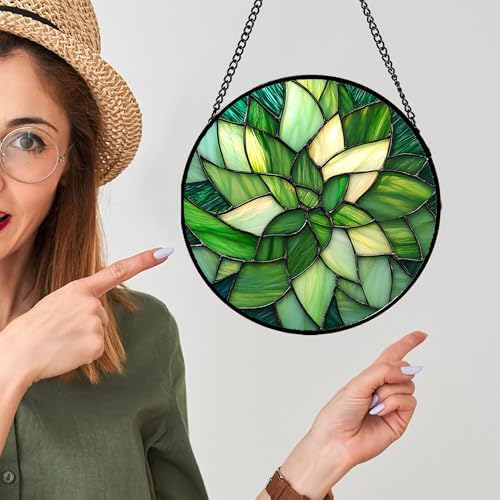Green Leaf Flower Stained Glass Window Hanging Suncatcher Gift for Mom 15" - Image 4