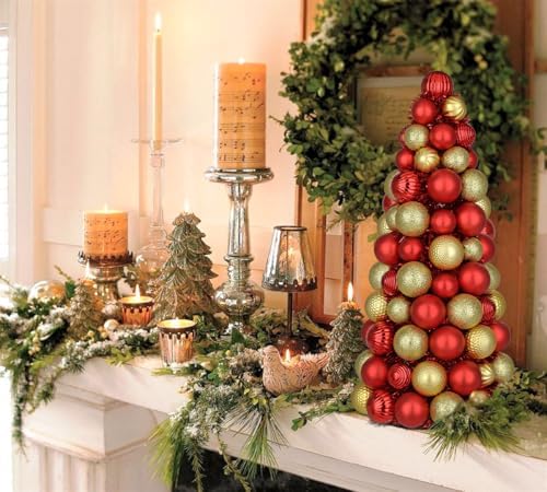 16" Tabletop Christmas Tree Small Red Gold Christmas Tree Decorations with 94 Shatterproof Ornaments Balls Christmas Centerpiece Mini Cone Xmas Tree for Holiday Party Wedding Table Desk Mantel Decor - Image 3