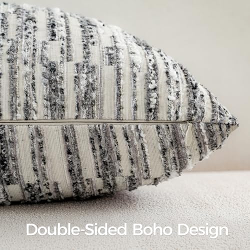 Boho Striped Decorative Throw Pillow Covers 22"X22" Set of 2,Gray White - Image 3