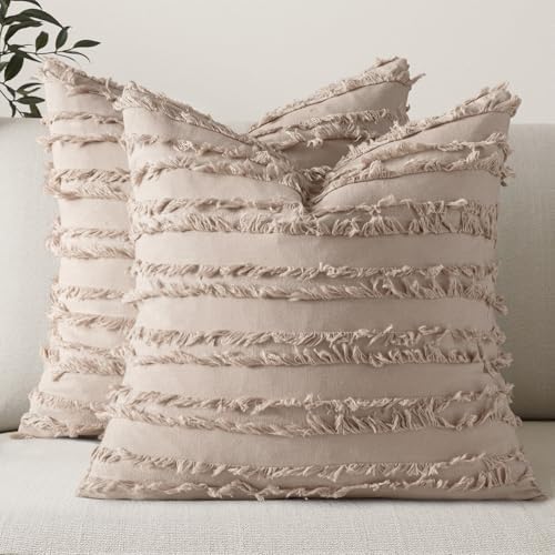 MIULEE Boho Linen Striped Euro Throw Pillow Covers 26x26, Beige by MIULEE