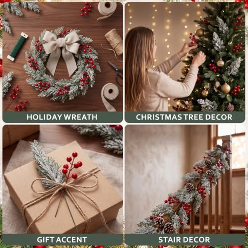 200 Pcs Artificial Christmas Snow Pine Branch with Red Berry Stems - Image 7