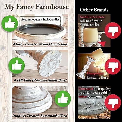 Large Candle Holders for Pillar Candles (3 Piece Set) Tall Rustic Wood Farmhouse Pillar Candlestick Stands - Fits 4 inch inch Wide Pillar Candles - Modern Candle Holder Decor (Antique White) - Image 4