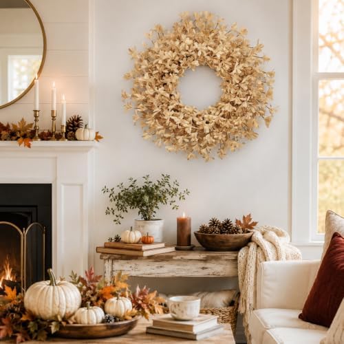 24 Inch Fall Wreaths for Front Door, Beige Forsythia Autumn Wreath - Image 2