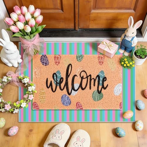 2 Pcs Easter Doormat Outdoor Entrance Colorful Eggs Welcome Door Mat Non Slip Coir Mats Floor Striped Doormat Layering Mat Seasonal for Easter Indoor Front Porch Entryway Decor 23.6 x 31.5 Inch - Image 2