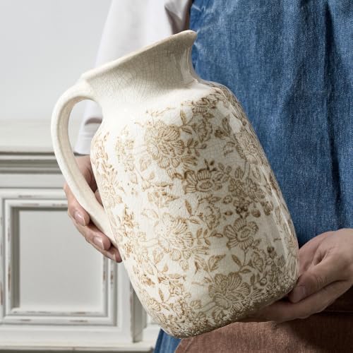Ceramic Vintage Vase Flower Decorative Vase Chinoiserie Decor Rustic Farmhouse Retro Floral Vases for Table Bookshelf Mantel Kitchen Living Room Office - 9.5" Brown - Image 3