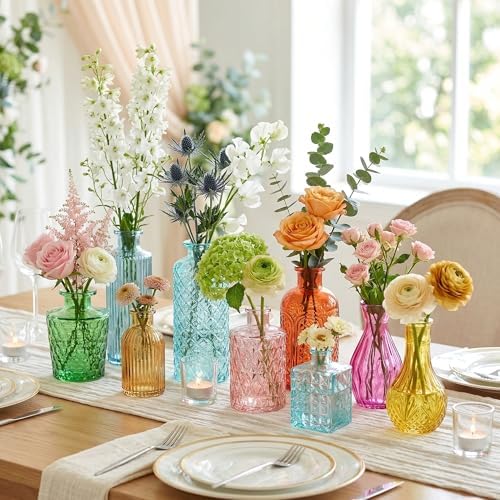 Colored Glass Vases Bulk 32 Pcs - Assorted Vintage Bud Vases for Wedding Centerpieces, Rustic Embossed Glass Bottles for Table Decor, Home Floral Arrangements with Bright Color Series (2-6 Inch) - Image 2