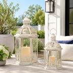Lanterns Decorative Outdoor&Indoor, Set of 2 (15"&11") Beige Metal Lantern Decor with Glass, Candle Holder for Porch, Patio, Garden, Fall, Wedding, Christmas, Table Centerpiece - Image 6