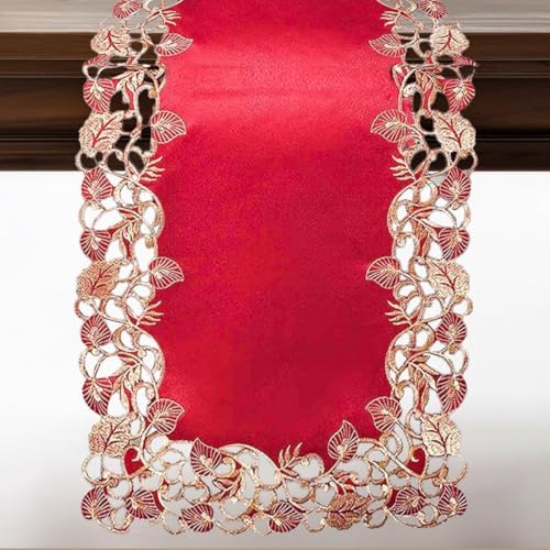 DECOZEN Gold Burgundy Lace Table Runner – Embroidered Table Runner, Dresser Decor Scarf for Holiday Tables Weddings Parties, Valentines Day Gifts Gift for Her Gift for Mom 14x108 Tarantino Collection by Decozen