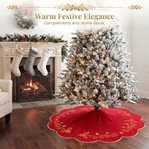 VOXOR 60 Inch Christmas Tree Skirt, Extra Large Red Velvet Tree Skirt with Gold Embroidery, Vintage Tree Skirts with Hook and Loop Closure for 9 & 10 Feet Trees, Xmas Decorations for Home Living Room - Image 4