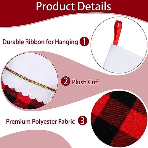 Fovths 24 Pack 18 Inch Red Black Buffalo Plaid Christmas Felt Stockings with White Plush Trim Large Red Buffalo Plaid Fireplace Hanging Stockings for Family Holiday Decoration Christmas Party Favors - Image 3