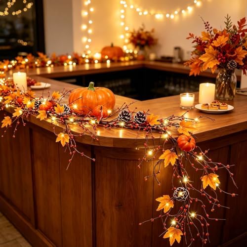 5 FT Fall Garland with Lights, Fall Maple Leaf Garland with Pumpkin Berries Pinecones Outdoor Thanksgiving Autumn Centerpiece Decorations for Home Door Fireplace Porch - Image 4