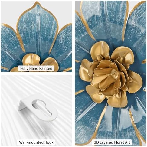 Villa Como Set of 3 Blue and Gold Metal Flowers Wall Art Decor 10" - Image 3