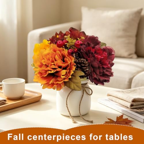 Fall Centerpieces for Tables, Fake Fall Flowers in Vase Orange Fake Peonies for Home Kitchen Fall Floral Arrangement Farmhouse Fall Harvest Thanksgiving Dinner Autumn Decor（Fall Orange Red） - Image 2