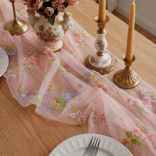 Pink Floral Table Runner 10ft Embroidery Tulle Spring Wildflower Gauze Table Runner Seasonal Summer Butterfly Kitchen Dining Decoration for Wedding Baby Shower Birthday Party (6 Pcs) - Image 3