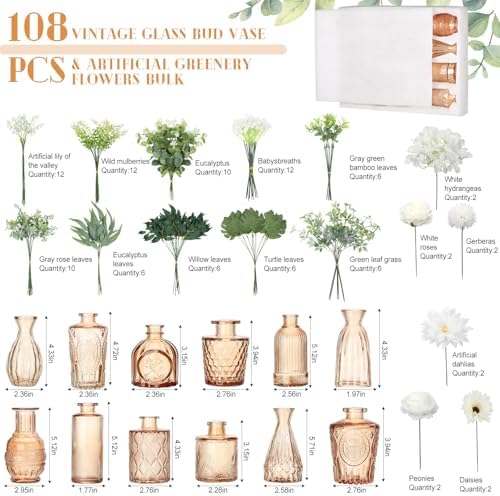 FoldTier 108 Pcs Artificial Flowers in Vase 96 Pcs Faux Greenery Stem Table Centerpiece Fake Plants Silk Roses Arrangement 12 Pcs Glass Vase Sets for Wedding Bathroom Home Dining Decor(Champagne) - Image 2