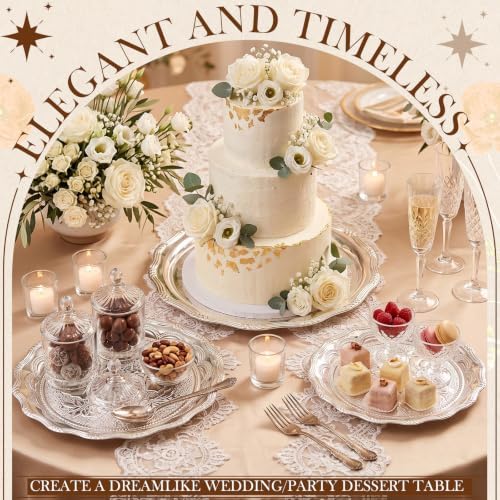 Rtteri 3 Pack Silver Serving Trays Set 8''/10''/12'' Vintage Embossed Round Coffee Table Platters Party Decor Metal Plates Silver Plated Jewelry Display Plates for Wedding Dessert Fruit (Rose) - Image 3