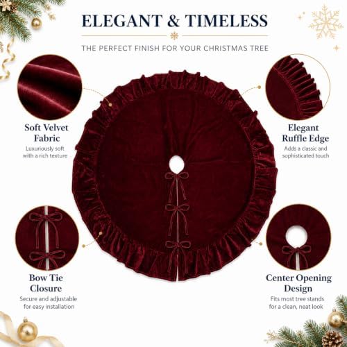 WineRed Velvet Christmas Tree Skirt with Ruffled Edge,60" - Image 7