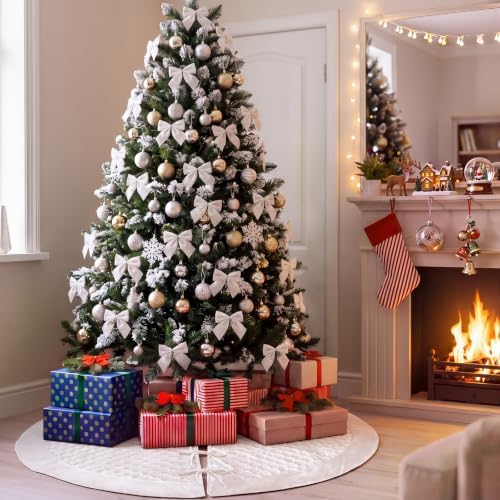 Arrowbash 48 Inch Velvet Christmas Tree Skirt Quilted Tree Skirt, Cream - Image 4