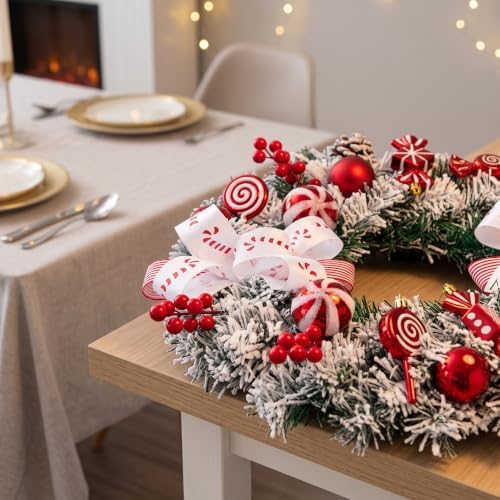 20" Artificial Christmas Wreath for Front Door with Balls Candy Cane Christmas Decorations for Indoor Outdoor Wall Window Home Holiday Xmas Decor - Image 5