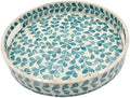 PEMAR 12.6” Mother of Pearl Round Serving Tray with Handles, Decorative Nacred Wooden Ottoman Coffee Table Tray (Teal Floral Pattern) by PEMAR