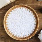i-lan Set of 3 Rattan and Mother of Pearl Round Serving Trays,3pcs Desk Table Serving Platters,Woven Basket Inlaid Mother of Pearl Plates for Home Décor, Coffee Table,Display - Image 4