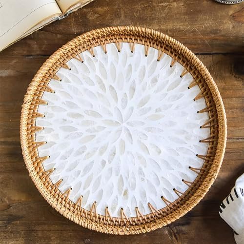 i-lan Set of 3 Rattan and Mother of Pearl Round Serving Trays,3pcs Desk Table Serving Platters,Woven Basket Inlaid Mother of Pearl Plates for Home Décor, Coffee Table,Display - Image 4