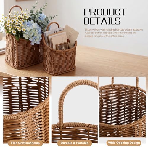Set of 2 Woven Hanging Wicker Basket for Door, Handmade Rattan Hanging Wall Basket Wall Mounted Storage Organizer for Garden Farmhouse Home Entryway Door Decoration - Image 4