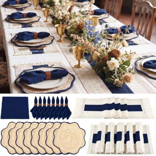 8 Set Boho Placemats with Table Runner, Scalloped Woven, Blue by Unknown