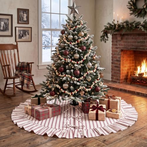 JOVIPOP Christmas Tree Skirt, 48 Inch Red and White Striped Ruffle - Image 4