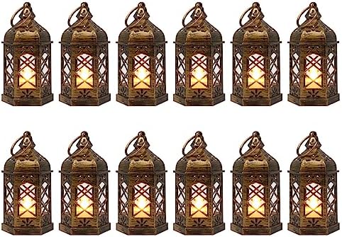 LLQ Mini Lantern with LED Candle, 12PCS Small Lanterns Decorative Indoor, Vintage Moroccan Lights for Halloween Decorations, Hanging Ornaments for Christmas, Table Centerpiece, Boho Wedding Decor by LLQ-LuckLifeQuality