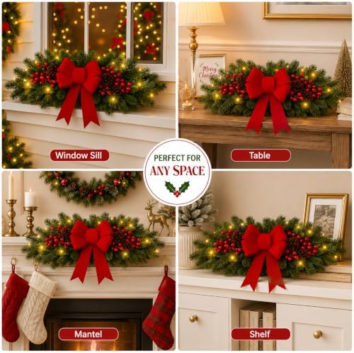 Yalikop 2 Pcs 24.5 Inch Christmas Swags with Light, Red Bow and Berry - Image 6
