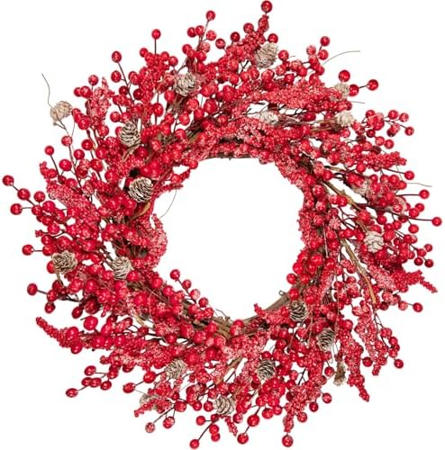 24 Inch Winter Christmas Wreath with Frosted Berries & Pine Cones, Red and White Artificial Wreath for Front Door, Snowy Effect Holiday Decor for Indoor and Outdoor Use by wwmira