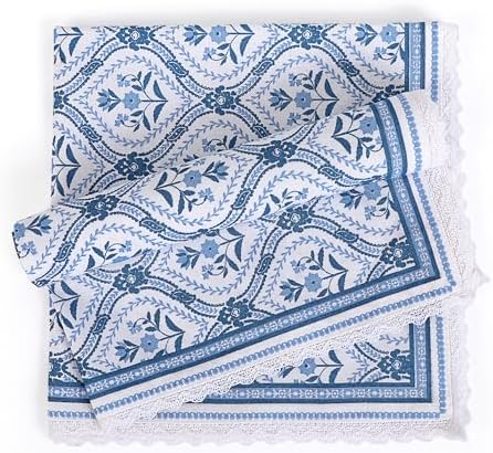 FINGERCRAFT Lace Cloth Napkins, Cotton Linen 12 Pack, 20x20 in, Blue Damask - Image 2