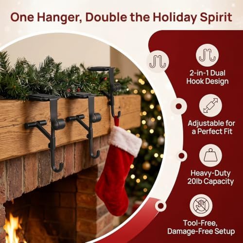 Garland Hangers for Mantle, 2026 New Fireplace Stocking and Garland Hanger, 2 in 1 Adjustable Christmas Garland and Stocking Hanger, fits 0.5" to 8.5" Mantles, Holds Up to 20 Lbs，Black：6pcs - Image 2