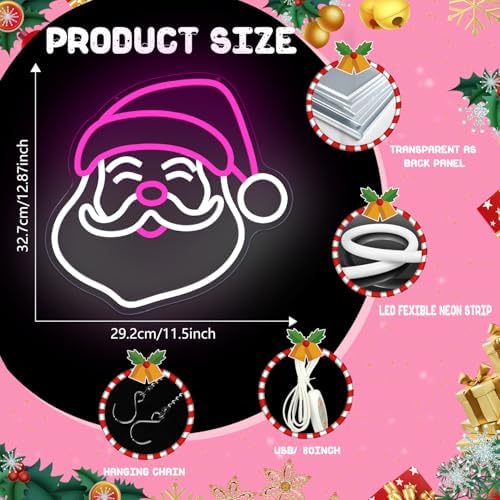 Christmas Neon Sign Pink Santa Neon Sign for Wall Decor Pink Christmas Decor Santa Claus Led Sign Xmas Neon Light Up Signs for Window Bedroom Holiday Door Party Home Winter Decoration Gift - Image 3