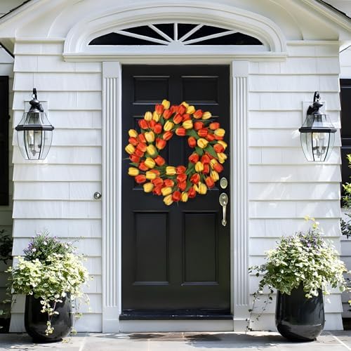24 Inch Tulip Summer Wreath for Front Door Spring Silk Wreath with Green Leaves Artificial Tulip Flower Wreaths for All Seasons Farmhouse Porch Wall Living Room Home Widding Decor - Image 6