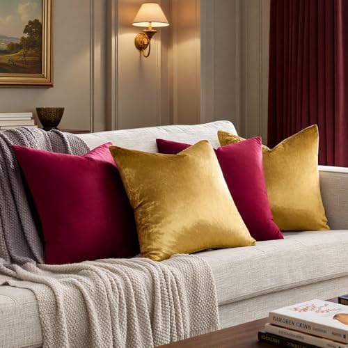 GIGIZAZA Pack of 4 Decorative Velvet Pillow Covers 20x20 Burgundy Gold - Image 2