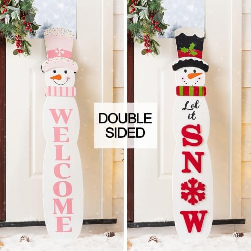 Glitzhome 42"H Christmas Double Sided Snowman Porch Sign,Wooden Xmas Porch Decor Lean Against Wall or Hang for Front Door, Welcome Sign for Indoor Outdoor Holiday Festive Decorations - Image 2