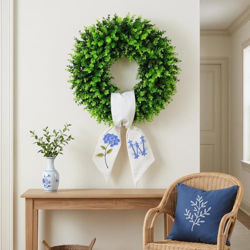 Boxwood Wreath for Front Door Spring Summer Wreaths Farmhouse Hanger,Last Name initialYear Round Porch Decor,20 inch Multi Occasion use Wreath with Personalized Monogram sash Embroidered -20 (W) by Vofuly
