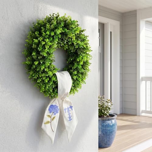 Boxwood Wreath for Front Door Spring Summer Wreaths Farmhouse Door Hanger,Last Name Year Round Porch Decor,20 inch Multi Occasion use Wreath with Personalized Monogram sash Embroidered -20 (T) - Image 4