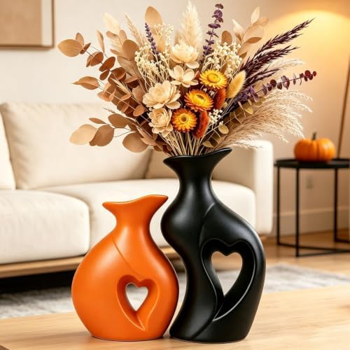 Fall Ceramic Vases Heart Shaped Vase Set of 2 (Orange & Black) by Unknown