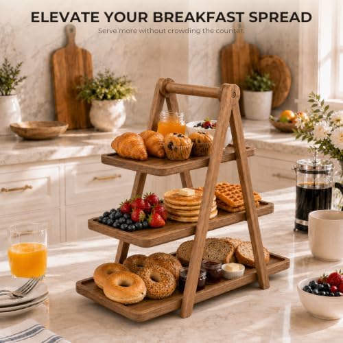 Acacia Wood 3 Tier Foldable Serving Tray, Farmhouse Tiered Display Stand for Charcuterie, Cheese, Desserts & Snacks, Wooden Organizer for Kitchen Counter, Coffee Bar and Party Entertaining - Image 4