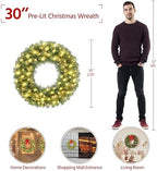 Yaheetech 30in Large Artificial Christmas Wreath, Pre-lit Holiday Accent Decoration with Red Bow, 110 LED Lights & 300 PVC Tips, Metal Structure for Door Wall & Mantel - Image 3