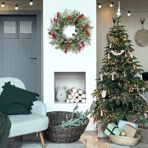 Sggvecsy 21 Inch Artificial Christmas Wreath for Front Door Xmas Red Berry Wreath with Pine Needles Pine Cones Eucalyptus Leaves Christmas Hanging Decorations for Wall Outdoor Home Window Decor - Image 3