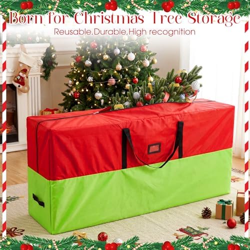 9 ft Christmas Tree Storage Bag Heavy Duty 420D Oxford Artificial Christmas Tree Bag with Reinforced Handles Dual Zippers Card Slot Wide Opening Extra Large Storage Container, Green and Red - Image 4