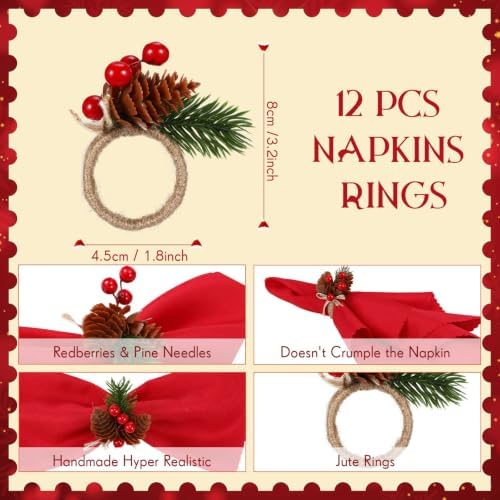 LemonRoad 36 Pcs Christmas Cloth Napkins and Napkin Ring Holders, Reusable Fabric with Pine Needle Red Fruit Napkin Rings for Xmas Table Decor, Banquet, Holiday Dinner Party, Wedding Party Supplies - Image 4